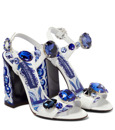 Dolce & Gabbana Majolica-print Crystal-embellished Sandals In Bianco/multicolor