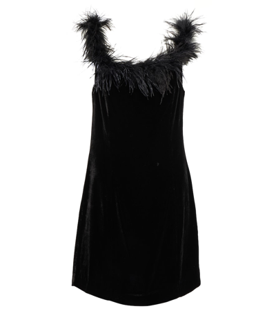 Rixo London Lena Off-shoulder Feather-trim Mini Dress In Black