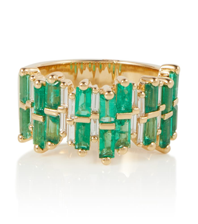 Suzanne Kalan 18kt Gold Ring With Diamonds And Emeralds In Emerald/ Yg