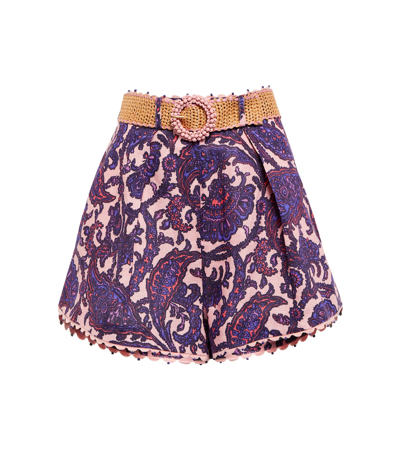 Zimmermann Tiggy Belted Scalloped Paisley-print Linen Shorts In Blue
