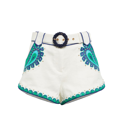 Zimmermann Tiggy Belted Studded Appliquéd Linen Shorts In Multi-colour
