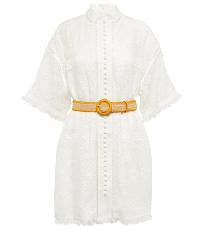 Zimmermann Laurel Belted Corded Lace And Voile Mini Shirt Dress In Bianco