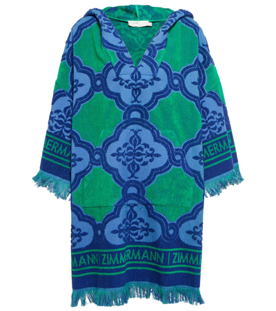 Zimmermann Fringed Hooded Cotton-terry Jacquard Coverup In Blue/ Green
