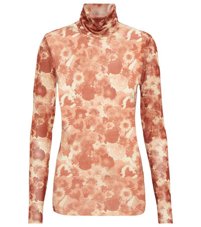 Ganni Floral Turtleneck Top In Marsala