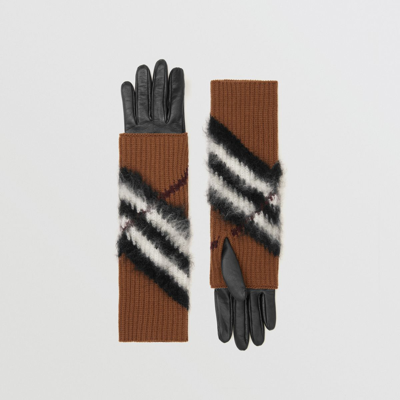 Burberry Chevron Check Overlay Leather Gloves In Dark Birch Brown