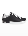 Dolce & Gabbana Portofino Sneakers In Black Leather With Silver Inserts In Black/white