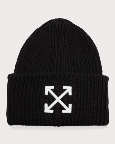 Off-white Arrow Embroidered Ribbed Wool Beanie In Black