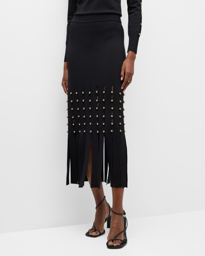 Jonathan Simkhai Katalina Compact Fringe Grommet Midi Skirt In Black