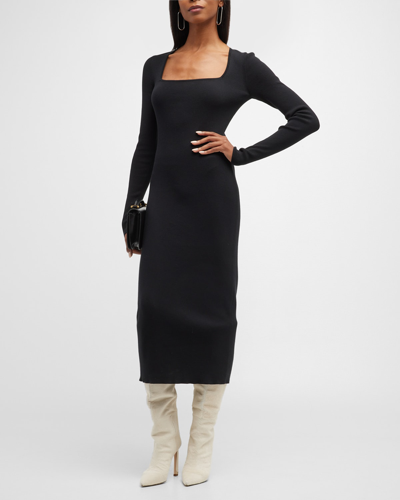 Salon Bonna Square-neck Long-sleeve Rib Midi Dress In Black