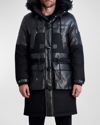 Karl Lagerfeld Fabric Blocked Faux Fur Trim Down & Feather Wool Blend Coat In Black