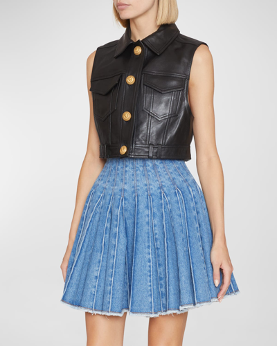 Balmain Leather Cropped Waistcoat In Black