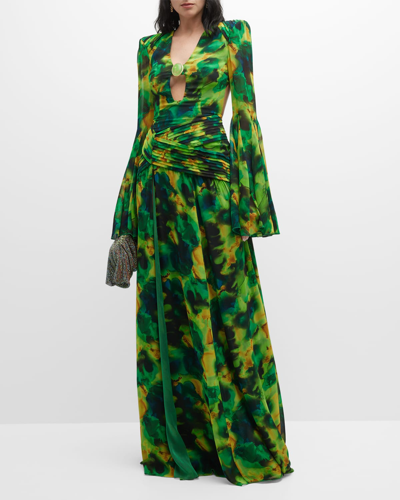 Raisavanessa Printed Chiffon Maxi Dress In Green
