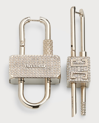 Givenchy Men's Asymmetrical Crystal Pavé Lock Earrings In Silver