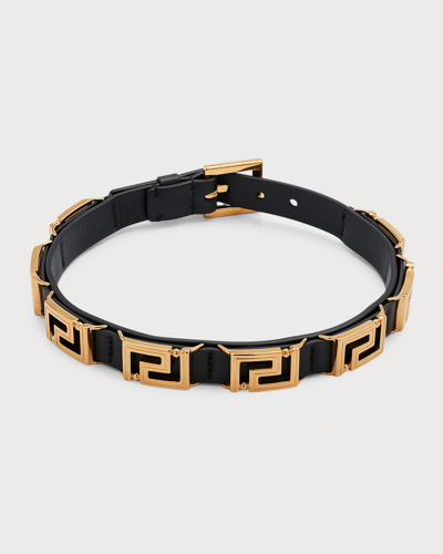 Versace Greca Metal Leather Choker Necklace In Black- Gol