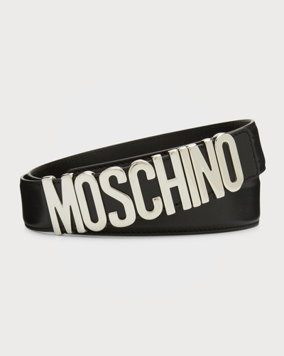 Moschino Men's Metal Logo Leather Belt In Black Multi