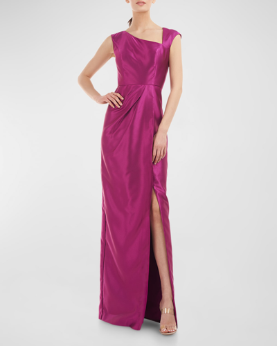 Kay Unger Asymmetric Twill Column Gown In Cerise