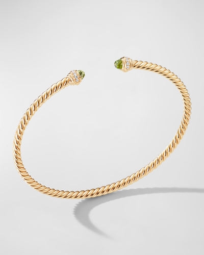 David Yurman 3mm Cablespira Bracelet With Gemstone And Diamonds In 18k Gold In Peridot