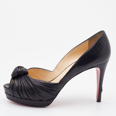 Pre-owned Christian Louboutin Black Leather Jenny Knot Peep Toe Platform Pumps Size 37.5