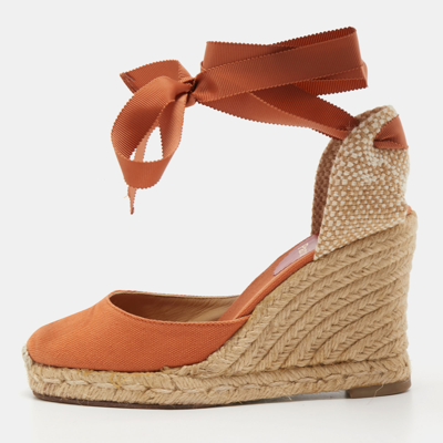 Pre-owned Christian Louboutin Orange/beige Canvas And Woven Fabric Brigitte Espadrille Wedge Pumps Size 35