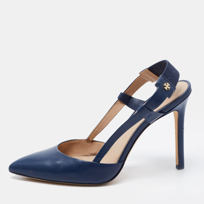 Pre-owned Tory Burch Navy Blue Leather Pointed Toe Slingback Pumps Size 37.5