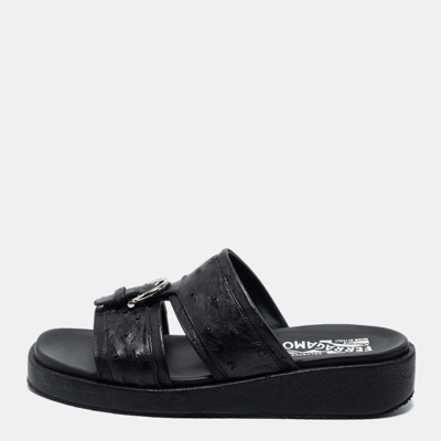 Pre-owned Salvatore Ferragamo Black Ostrich Leather Flat Sandals Size 41