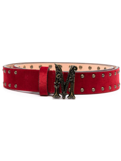 Moschino Logo-buckle Studded Belt In Red