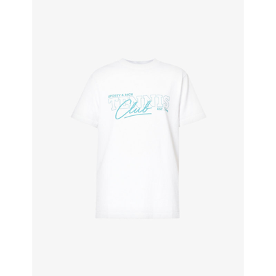 Sporty And Rich Tennis Club Brand-print Cotton-jersey T-shirt In White Teal