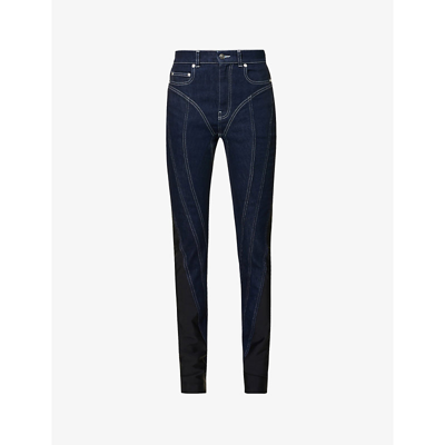 Mugler Spiral Seam-embellished Skinny High-rise Stretch-denim Jeans In Dark Blue Black