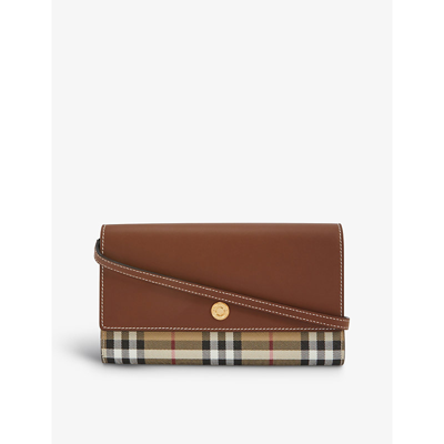 Burberry Hannah Leather And Canvas Wallet With Detachable Strap In Beige Tan