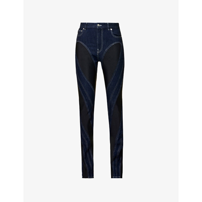 Mugler Spiral Seam-embellished Skinny High-rise Stretch-denim Jeans In Dark Blue Black