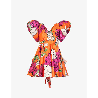 Aje Gretta Floral Cotton Poplin Minidress In Orange