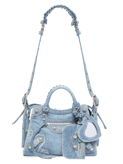 Balenciaga Neo Cagole Xs Handbag In Denim With Rhinestones In Blue
