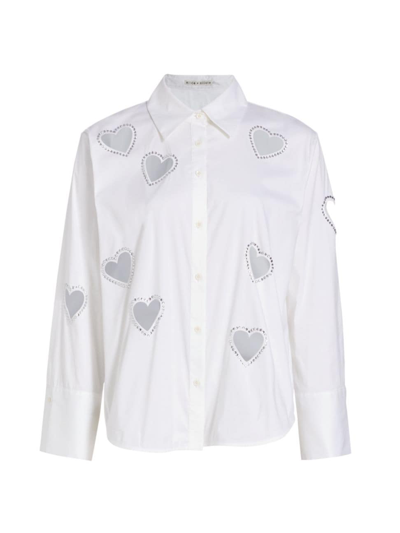 Alice And Olivia Crystal Heart Cutout Detail Cotton Blend Button-up Shirt In Ecru