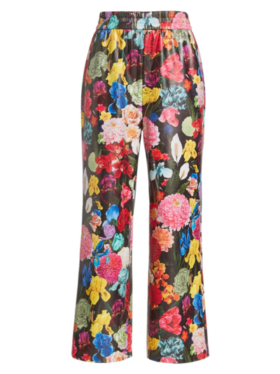 Alice And Olivia Benny Botanical-print Faux-leather Trousers In Green