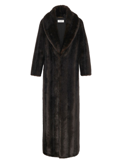 Saint Laurent Faux Mink Fur Coat In Brown