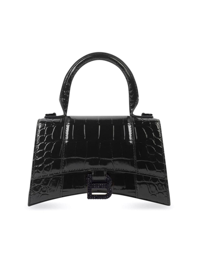 Balenciaga Women's Hourglass Xs Handbag Crocodile Embossed With Rhinestones In Black