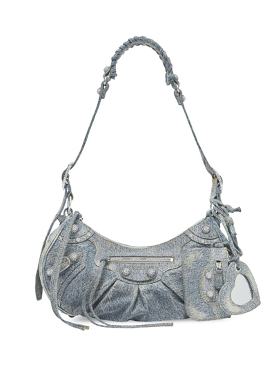 Balenciaga Women's Le Cagole Small Shoulder Bag In Denim With Rhinestones In Blue