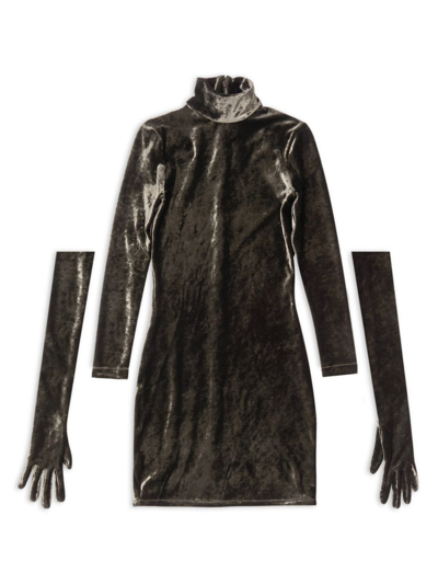 Balenciaga Brown Crushed Velvet Dress With Gloves