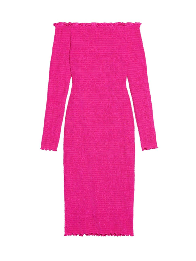 Balenciaga Off-shoulder Smocked Midi Dress In Lipstick Pink