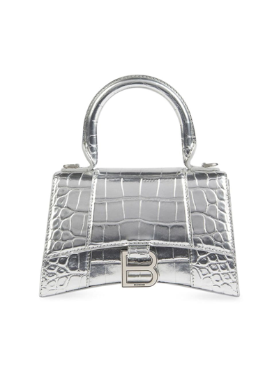Balenciaga Hourglass Xs Top Handle Bag In Croc Embossed Metallic Leather In  Grey