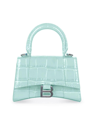 Balenciaga Women's Hourglass Mini Handbag With Chain Crocodile Embossed In Green Acqua