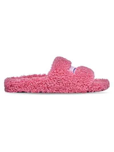 Balenciaga Pink Furry Slide Sandal In Fake Shearling With White And Blue Political Campaign Embroideries Balenc In Sweet Pink White