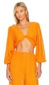 Faithfull The Brand Palmera Cropped Twist-front Crinkled-linen Top In Tangerine