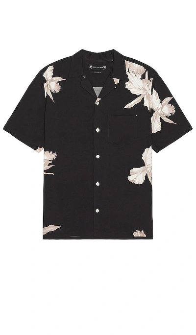 Allsaints Dendritic Camp Florals Relaxed Fit Short Sleeve Button Down Shirt In Jet Black