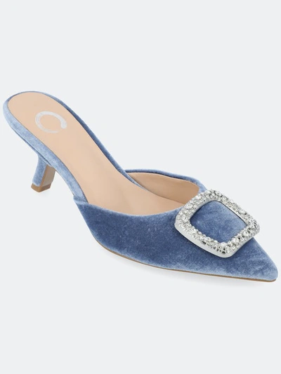 Journee Collection Women's Rishie Ornamented Kitten Heel Velvet Slip On Pumps In Blue