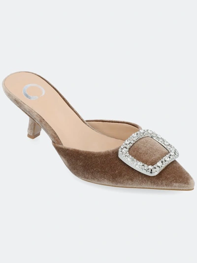 Journee Collection Women's Rishie Ornamented Kitten Heel Velvet Slip On Pumps In Taupe
