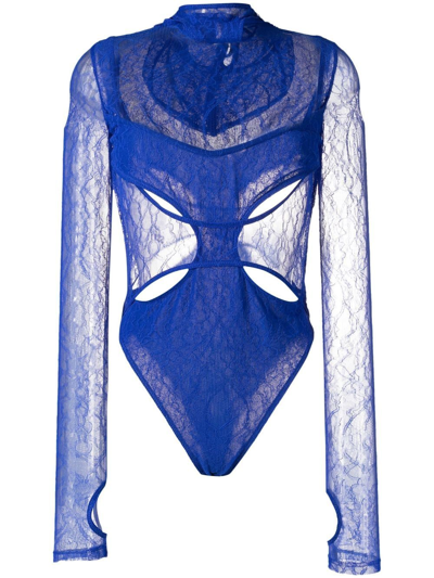 Dion Lee Sheer Lace Masked Bodysuit In Blue