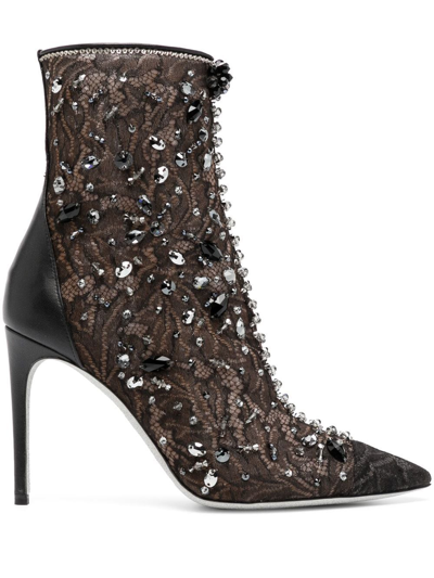 René Caovilla Crystal-embellished Lace Ankle Boots In Black