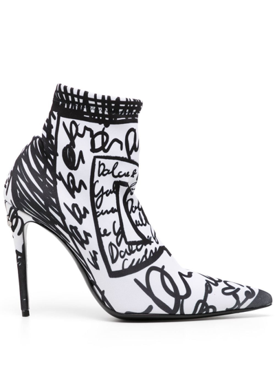 Dolce & Gabbana Women's Graffiti-print Jersey Ankle Boots In Black,white