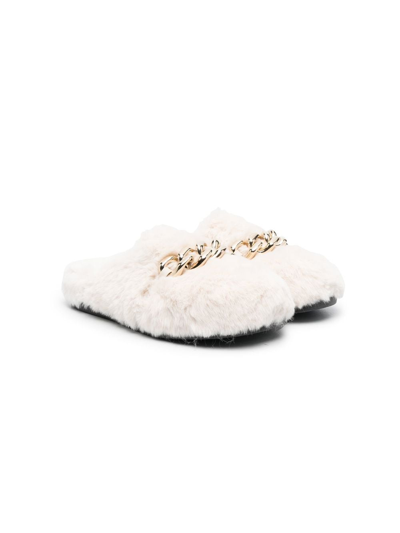 N°21 Kids' Chain-detail Faux Fur Slippers In Natural